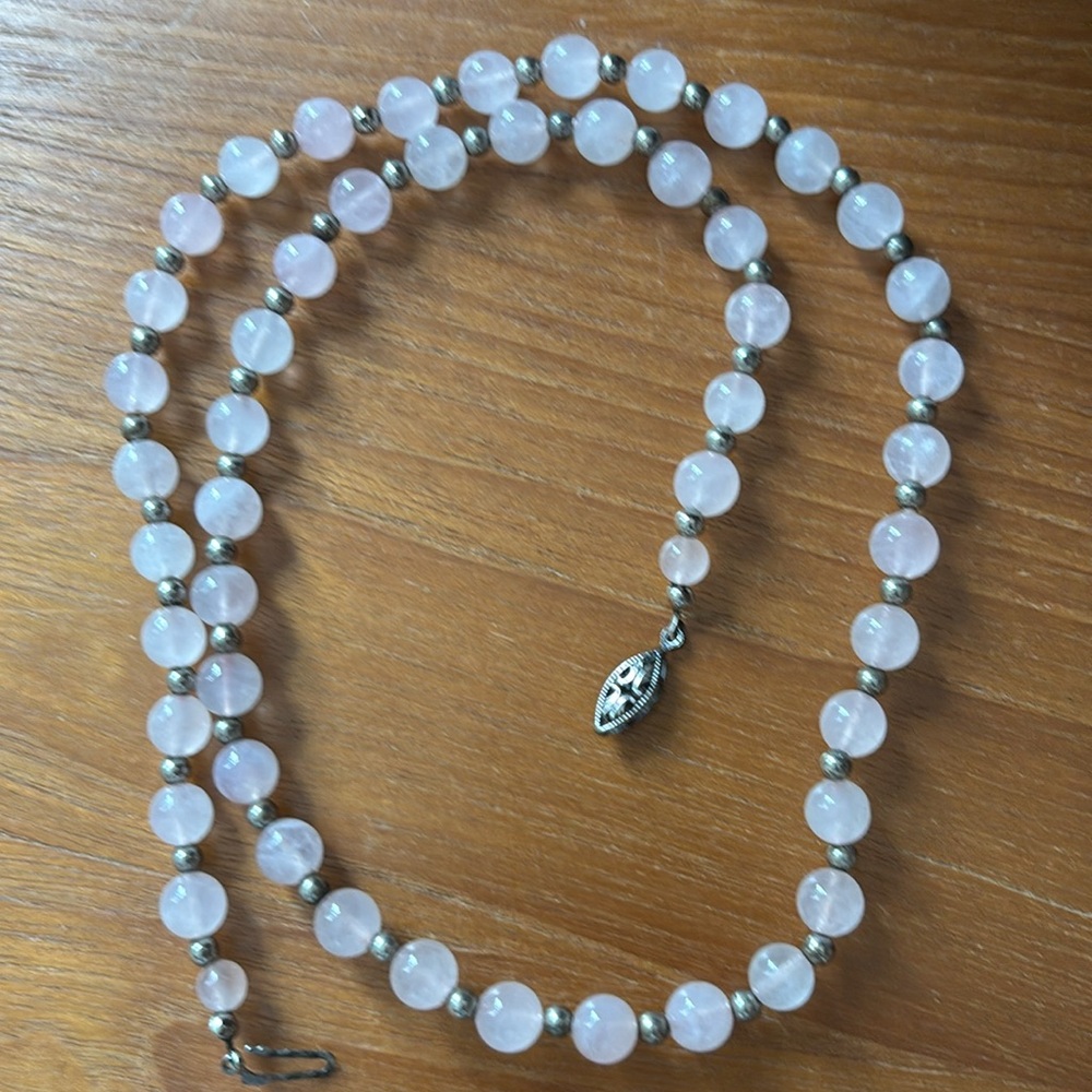 Vintage Rose quartz bead necklace 925 clasp and SS beads
